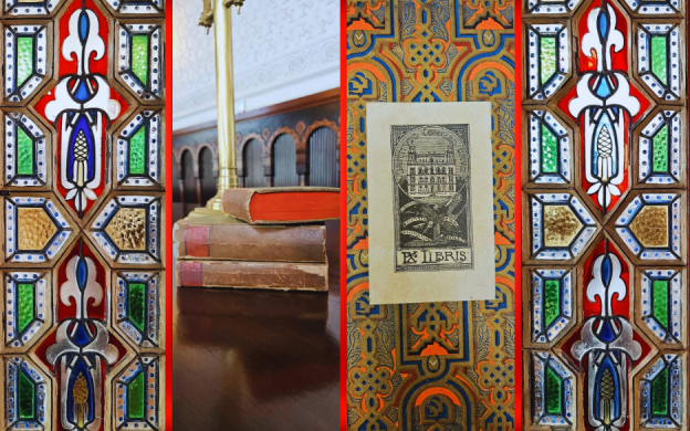 Mosaico com livros, folheto e vitrais da Seção de Obras Raras, da Biblioteca de Manguinhos. Arte: Thays Coutinho/Ascom.