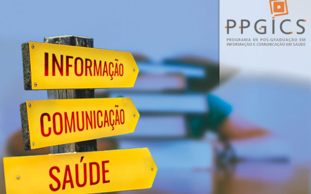 Placas amarelas com indicações Informaçã, Comunicação e Saúde sobre fundo de paisagem marítima e logo com PPGICS no canto superior à direita