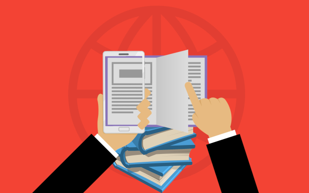 Mão apontando para conteúdo em telefone e livros empilhados, com fundo vermelho.