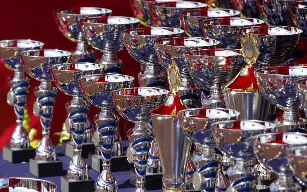 Foto de diversos troféus arrumados. 