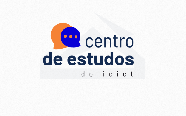 Arte do Centro de Estudos do Icict, com ilustrações abstratas nas cores laranja e azul.