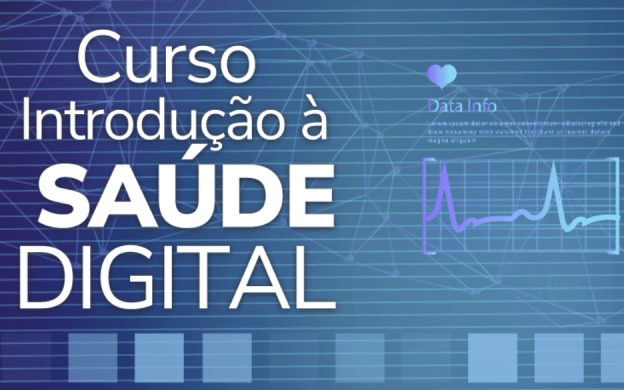 Cartaz digital escrito curso introdução à saúde digital, cor do fundo da imagem azul.