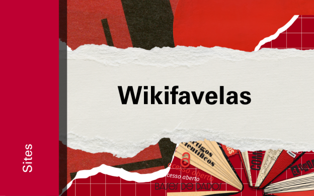 Imagem de divulgação do site Wikifavelas, com fundo vermelho, com ilustração e etiqueta Sites