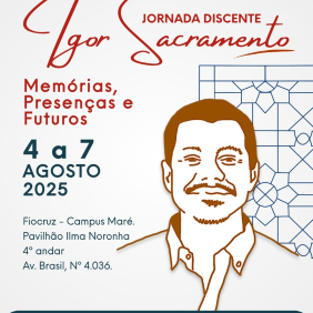 Imagem de divulgação da 7ª Jornada Discente do PPGICS, com o tema (memória, presenças, futuros), dias (4 a 7 de agosto) e o contorno do rosto do professor homenageado Igor Sacramento. Arte PPGICS