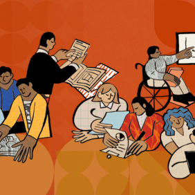 Ilustração de várias pessoas diferentes com quadro, computador, livros e outras referências de Ensino. Arte: Thays Coutinho/Ascom