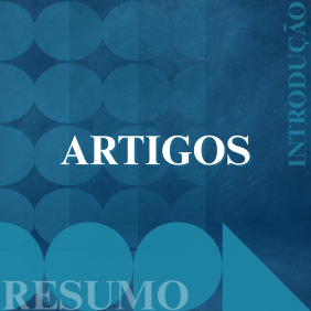 Fundo azul com diferentes figuras geométricas e com os escritos 'artigo', 'resumo' e 'introdução'. Arte: Thays Coutinho/Ascom.