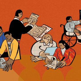 Ilustrações de pessoas diferentes escrevendo, desenhando, estudando, entre outras atividades relacionados ao ensino. Arte: Thays Coutinho/Ascom.