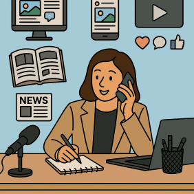 Ilustração de mulher jovem falado ao telefone e anotando, próxima ao microfoco com computador e imagens de computador, jornal e revista ao fundo. Fonte: Gerada por IA