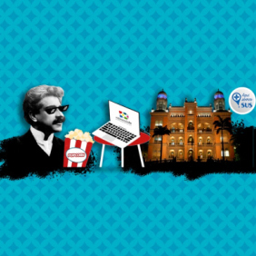 Em fundo azul, pipoca, computador, Oswaldo Cruz e o Castelo suspensos. 