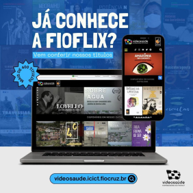 Tela de computador e de celular com filmes da plataforma Fioflix na tela, em fundo azul,com dizeres "Já conhece a Fioflix"?
