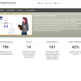 Página inicial do site do Observatório, com com indicação de grupos de pesquisa, vacinas, medicamentos, perfis de servidores e notícias.