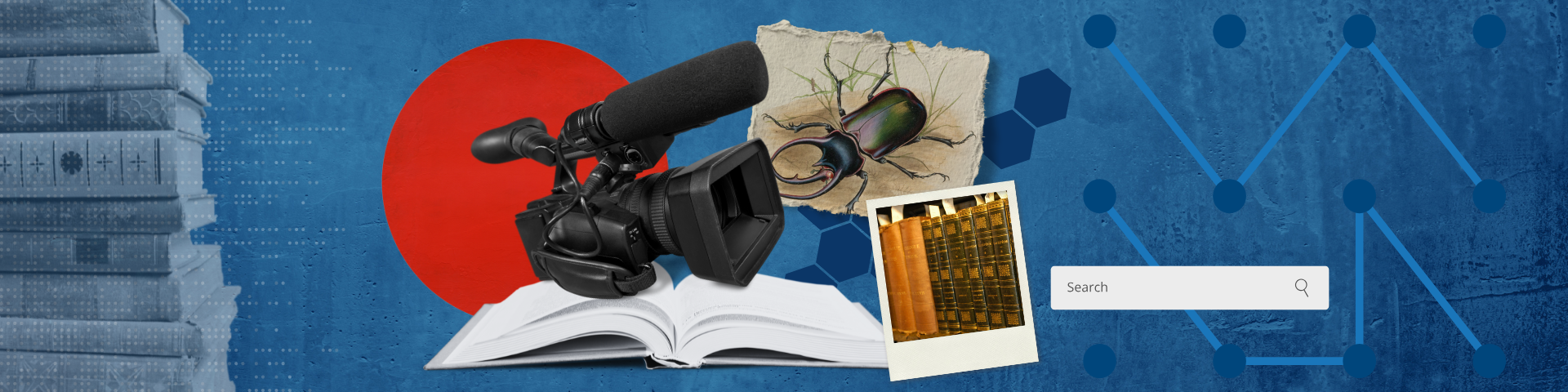 Colagem com itens de referência aos diferentes itens do acervo do Icict, como câmera, livros, fotografias, obras raras etc.  Arte: Thays Coutinho/Ascom 