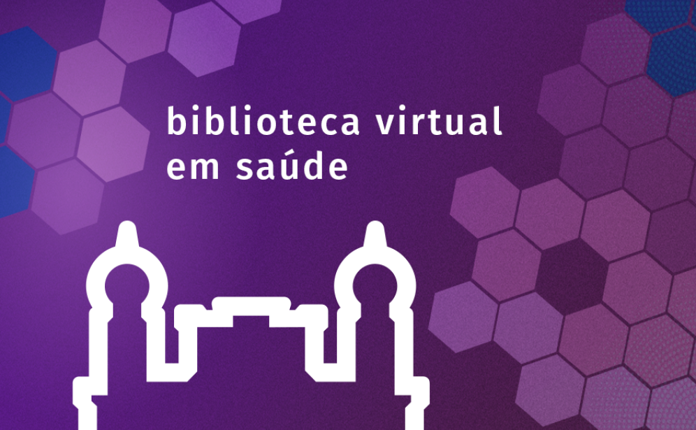 Parte do contorno do Castelo Fiocruz, com fundo roxo e desenhos hexagonais, escrito biblioteca virtual em saúde. Arte: Thays Coutinho/Ascom.