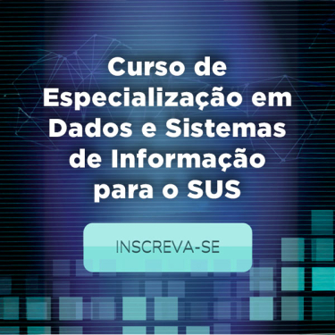 Chamada para especialização em Dados e Sistemas de Informação para o SUS, em letras brancas e fundo azul.