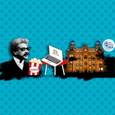 Em fundo azul, pipoca, computador, Oswaldo Cruz e o Castelo suspensos. 