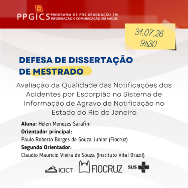 Imagem com o título da dissertação de mestrado, horário e dia