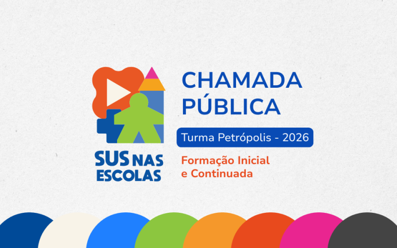 Logo SUS nas Escolas, escrito chamada pública, turma Petrópolis 2026, formação continuada, com fundo branco e desenhos de cores na faixa inferior da imagem