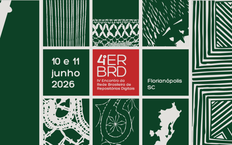 Imagem de divulgação do IV Encontro da Rede Brasileira de Repositórios Digitais, nos dias 10 e 11 de junho, em imagem com referências a redes, em branco, vermelho e verde.