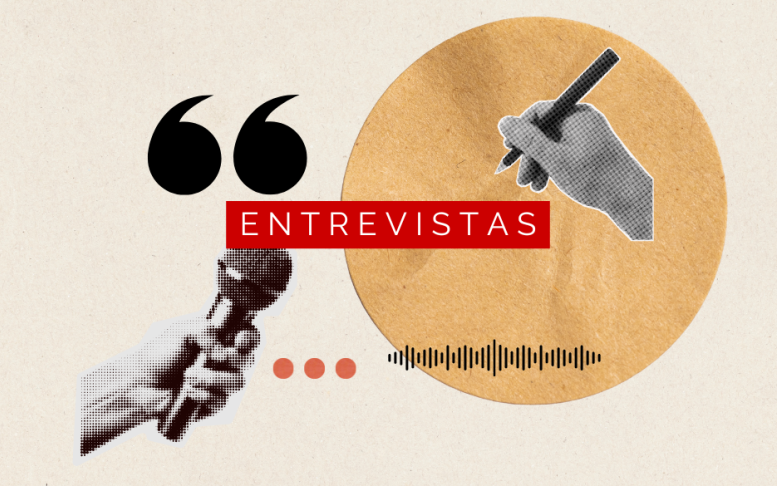Fundo bege, com microfone, sinal de aspas, mão com lápis, escrito 'entrevistas'. Arte: Thays Coutinho/Ascom.