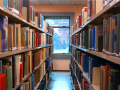 Um corredor com duas prateleiras cheias de livros e ao fundo uma janela. Foto: Peter Ilicciev.
