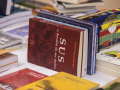 Mesa com livros sobre temas relativos aos cursos do Icict. Foto: Raquel Portugal