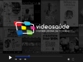Logo da VideoSaúde Distribuidora da Fiocruz, com fundo repleto de cartazes  de filmes e símbolo de "play" para vídeos. Arte: Thays Coutinho/Ascom. 