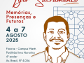 Imagem de divulgação da 7ª Jornada Discente do PPGICS, com o tema (memória, presenças, futuros), dias (4 a 7 de agosto) e o contorno do rosto do professor homenageado Igor Sacramento. Arte PPGICS