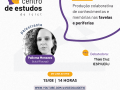 Imagem de divulgação do Centro de Estudos, com fundo branco e nome da palestrante, Palloma Menezes; e da debatedora,Thaís Cruz; com dia (15/8) e horário (14h). Arte: Beatriz Souza/Ascom Eventos