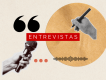 Fundo bege, com microfone, sinal de aspas, mão com lápis, escrito 'entrevistas'. Arte: Thays Coutinho/Ascom.