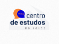 Arte do Centro de Estudos do Icict, com ilustrações abstratas nas cores laranja e azul.
