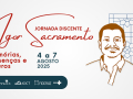 Imagem de fundo claro, com letras em vermelho e azul. Ilustração sobre Igor Sacramento em destaque. Texto Jornada Discente Igor Sacramento - memórias, presenças e futuros, de 4 a 7 de agosto 2025