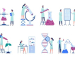 A avaliação dos indicadores de citação padronizados para autores de ciências considera tanto o impacto acumulado ao longo da carreira quanto o impacto obtido apenas no ano de referência (Imagem: reprodução da internet). Ilustrações de pessoas com microscópio, lupa e outras situações remetendo à ciência e pesquisa. (Imagem: reprodução da internet)