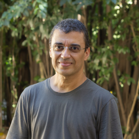 Pesquisador Paulo Borges, homem pardo, cabelos escuros, camisa cinza, com árvores ao fundo. Foto: Raquel Portugal/Multimeios.