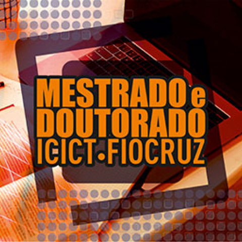 Arte com computador e fundo alaranjado, escrito mestrado e doutorado Icict/Fiocruz. Arte: Vera Fernandes/Ascom.