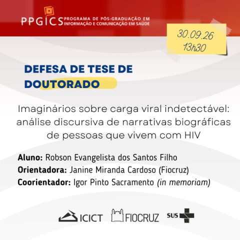 Card de defesa de tese de doutorado do PPGICS. Robson Evangelista dos Santos Filho apresenta pesquisa sobre HIV em 30/09/2026, às 13h30