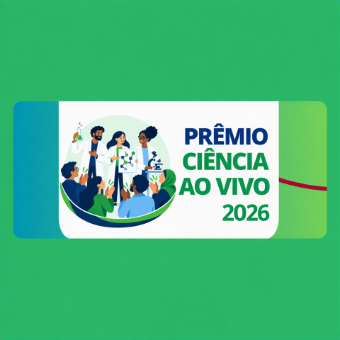Ilustração de cientistas em laboratório e plateia, com o texto Prêmio Ciência ao Vivo 2026