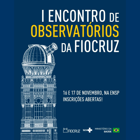 Card azul divulga o Encontro de Observatórios da Fiocruz, dias 16 e 17 de novembro na Ensp, com inscrições abertas. Imagem adaptada com IA.