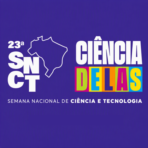 Arte da 23ª Semana Nacional de Ciência e Tecnologia, tema Ciência Delas, de 27 a 30 de outubro, em fundo roxo.