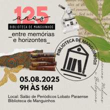 Arte de divulgação do aniversário da Biblioteca de Manguinhos cim livros, microscópios e plantas ilustrativas. Arte: Thays Coutinho/Ascom.