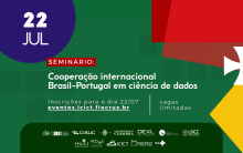 Imagem de divulgação do seminário Cooperação internacional Brasil-Portugal em ciência de dados, com fundo verde e formas geométricas vermelha, branca e amarela, com referência a Portugal. Arte: Beatriz Soares e Thays Coutinho/Ascom.