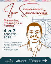 Imagem de divulgação da 7ª Jornada Discente do PPGICS, com o tema (memória, presenças, futuros), dias (4 a 7 de agosto) e o contorno do rosto do professor homenageado Igor Sacramento. Arte PPGICS