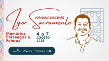 Imagem de fundo claro, com letras em vermelho e azul. Ilustração sobre Igor Sacramento em destaque. Texto Jornada Discente Igor Sacramento - memórias, presenças e futuros, de 4 a 7 de agosto 2025  