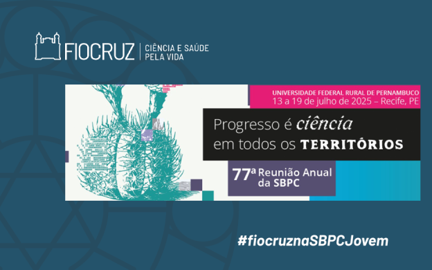 Cartão de Divulgação da 77a Reunião Anual da SBPC, com desenho, fundo azul, escrito o tema do evento: Progresso é Ciência em todos os territórios.