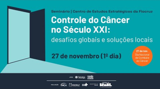 Imagem de divulgação, em fundo azul, escrito seminário controle do câncer no século XXI.