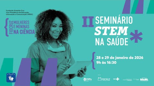 Imagem de divulgação, com uma mulher, segurando prancheta, com fundo azul, escrito II Seminário Stem na Saúde.