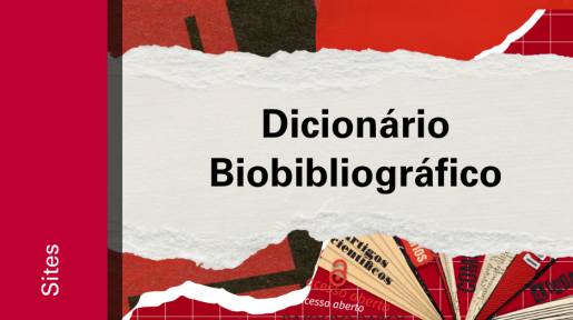 Imagem de divulgação do Dicionário Biobibliográfico, com fundo vermelho, com ilustração e etiqueta Sites