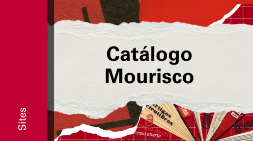 Imagem de divulgação do Catálogo Mourisco, com fundo vermelho, com ilustração e etiqueta Sites