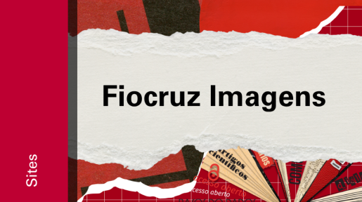 Imagem de divulgação do site do Fiocruz Imagens, com fundo vermelho, com ilustração e etiqueta Sites