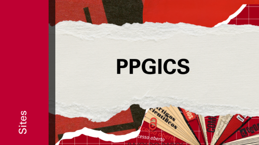 Imagem de divulgação do PPGICS, com fundo vermelho, com ilustração e etiqueta Sites