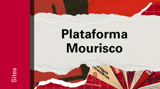 Imagem de divulgação da plataforma Mourisco, com fundo vermelho, com ilustração e etiqueta Sites